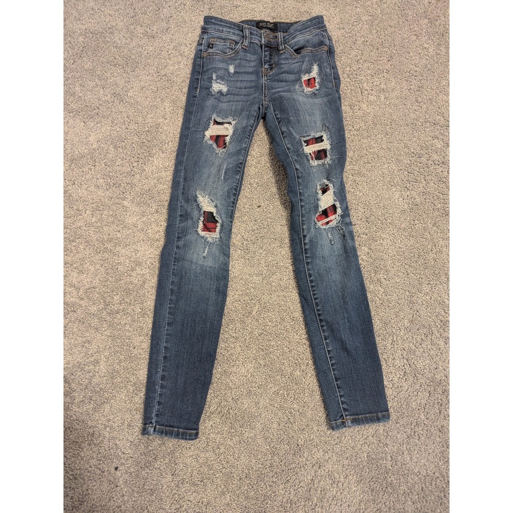 Judy Blue Jeans‎ Skinny Fit 0/24 Blue Stretch Distressed Buffalo Plaid Patch